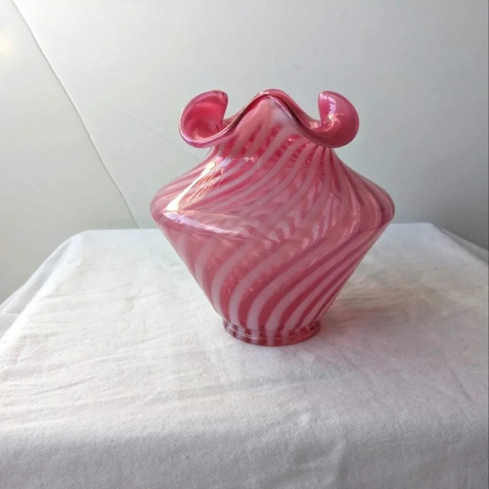 Vintage Cranberry Pink White Candy Cane Handblown Glass Vase Ripple Lip